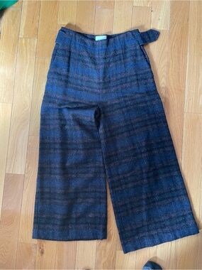 Steven Alan Dark Blue Plaid Wide-Leg Wool Pants
